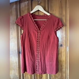 Lace-Trimmed Red Blouse